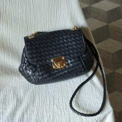 Bottega Veneta Vintage Black Intrecciato Gold Turn lock Braided Strap Crossbody Bag