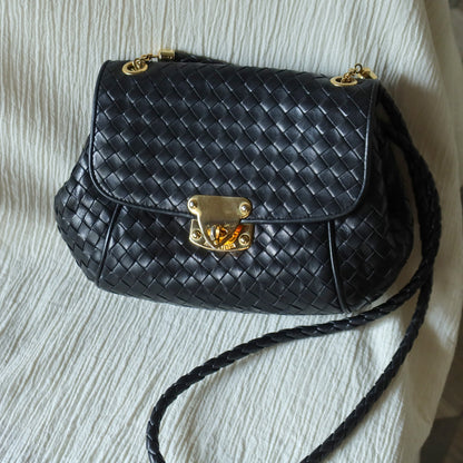 Bottega Veneta Vintage Black Intrecciato Gold Turn lock Braided Strap Crossbody Bag