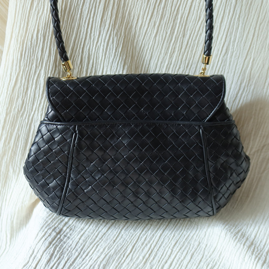 Bottega Veneta Vintage Black Intrecciato Gold Turn lock Braided Strap Crossbody Bag