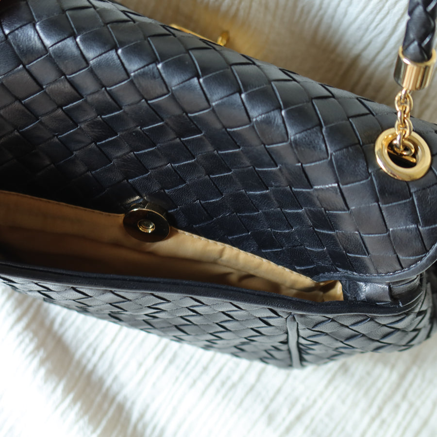 Bottega Veneta Vintage Black Intrecciato Gold Turn lock Braided Strap Crossbody Bag