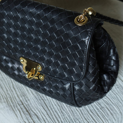 Bottega Veneta Vintage Black Intrecciato Gold Turn lock Braided Strap Crossbody Bag