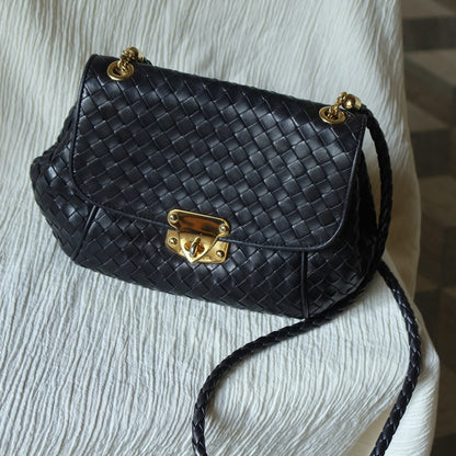 Bottega Veneta Vintage Black Intrecciato Gold Turn lock Braided Strap Crossbody Bag