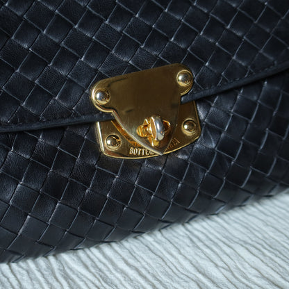 Bottega Veneta Vintage Black Intrecciato Gold Turn lock Braided Strap Crossbody Bag