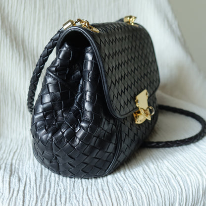 Bottega Veneta Vintage Black Intrecciato Gold Turn lock Braided Strap Crossbody Bag
