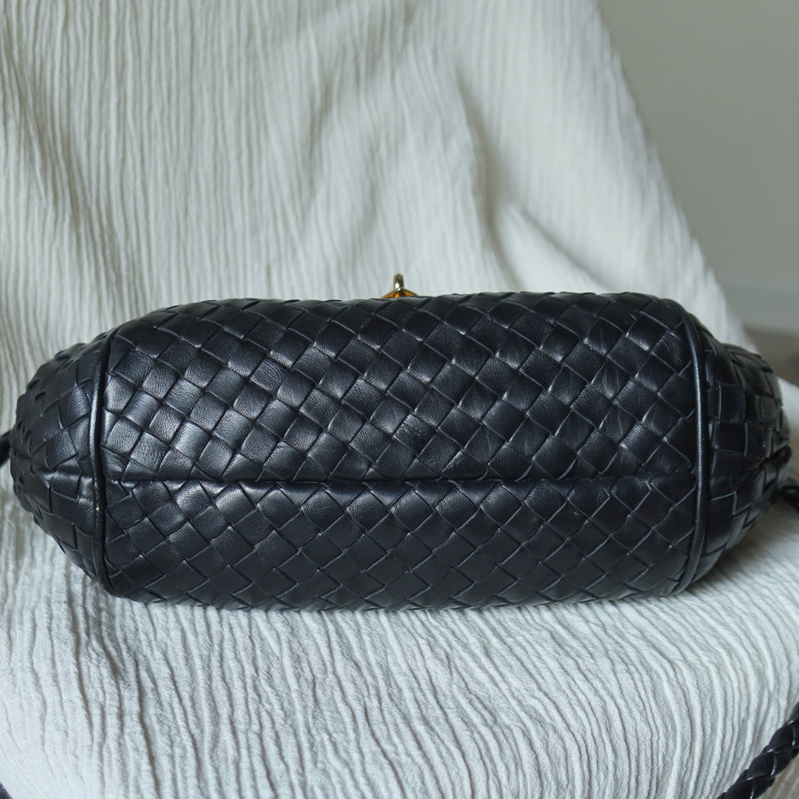 Bottega Veneta Vintage Black Intrecciato Gold Turn lock Braided Strap Crossbody Bag
