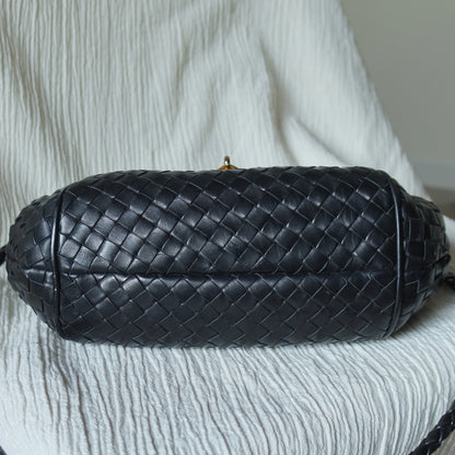Bottega Veneta Vintage Black Intrecciato Gold Turn lock Braided Strap Crossbody Bag