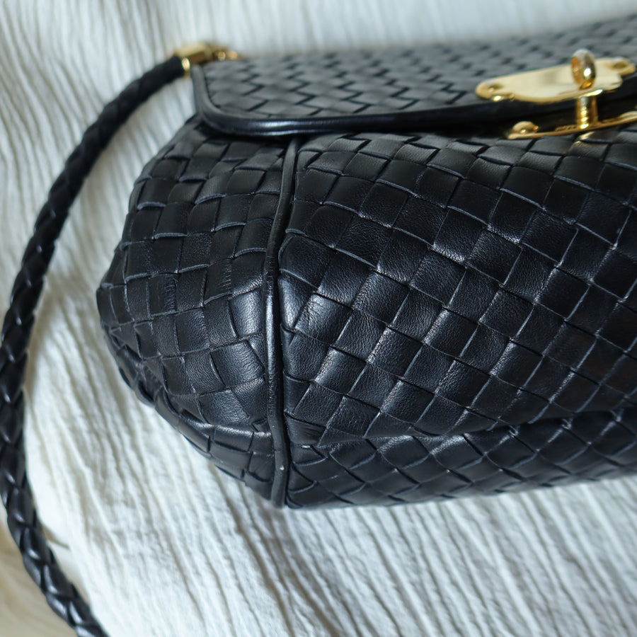 Bottega Veneta Vintage Black Intrecciato Gold Turn lock Braided Strap Crossbody Bag