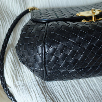 Bottega Veneta Vintage Black Intrecciato Gold Turn lock Braided Strap Crossbody Bag