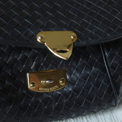 Bottega Veneta Vintage Black Intrecciato Gold Turn lock Braided Strap Crossbody Bag