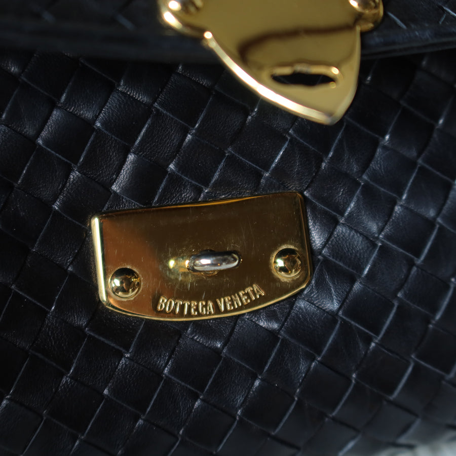 Bottega Veneta Vintage Black Intrecciato Gold Turn lock Braided Strap Crossbody Bag
