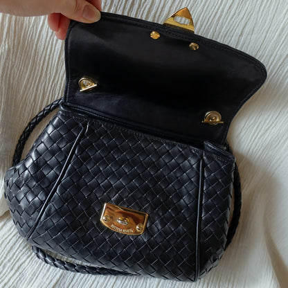 Bottega Veneta Vintage Black Intrecciato Gold Turn lock Braided Strap Crossbody Bag