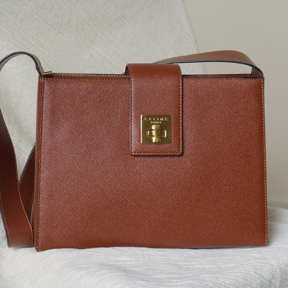 Rare Celine Vintage Cognac Brown Leather Gold Turn lock Shoulder Bag