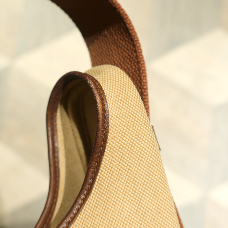 Hermès Vintage '70s Brown Leather Beige Toile Tsako Shoulder Bag