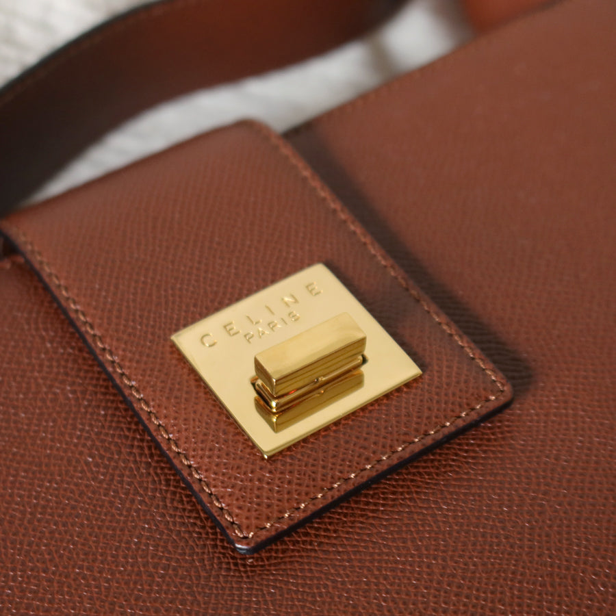 Rare Celine Vintage Cognac Brown Leather Gold Turn lock Shoulder Bag