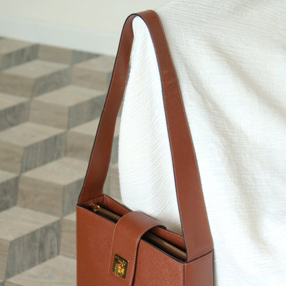 Rare Celine Vintage Cognac Brown Leather Gold Turn lock Shoulder Bag