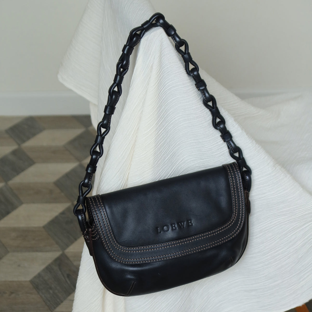 Loewe Vintage Black Leather Knot Link Strap Anagram Shoulder Flap Bag