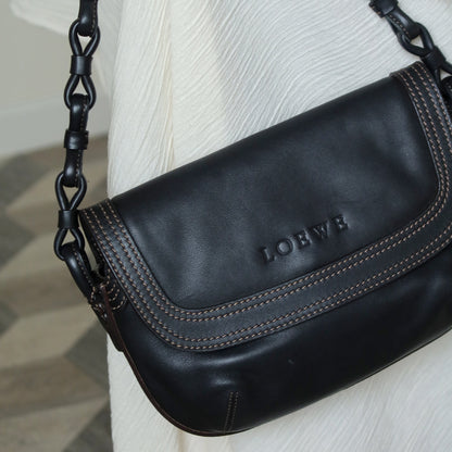 Loewe Vintage Black Leather Knot Link Strap Anagram Shoulder Flap Bag