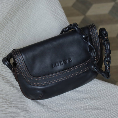 Loewe Vintage Black Leather Knot Link Strap Anagram Shoulder Flap Bag