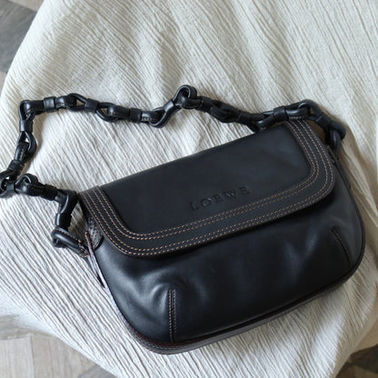 Loewe Vintage Black Leather Knot Link Strap Anagram Shoulder Flap Bag