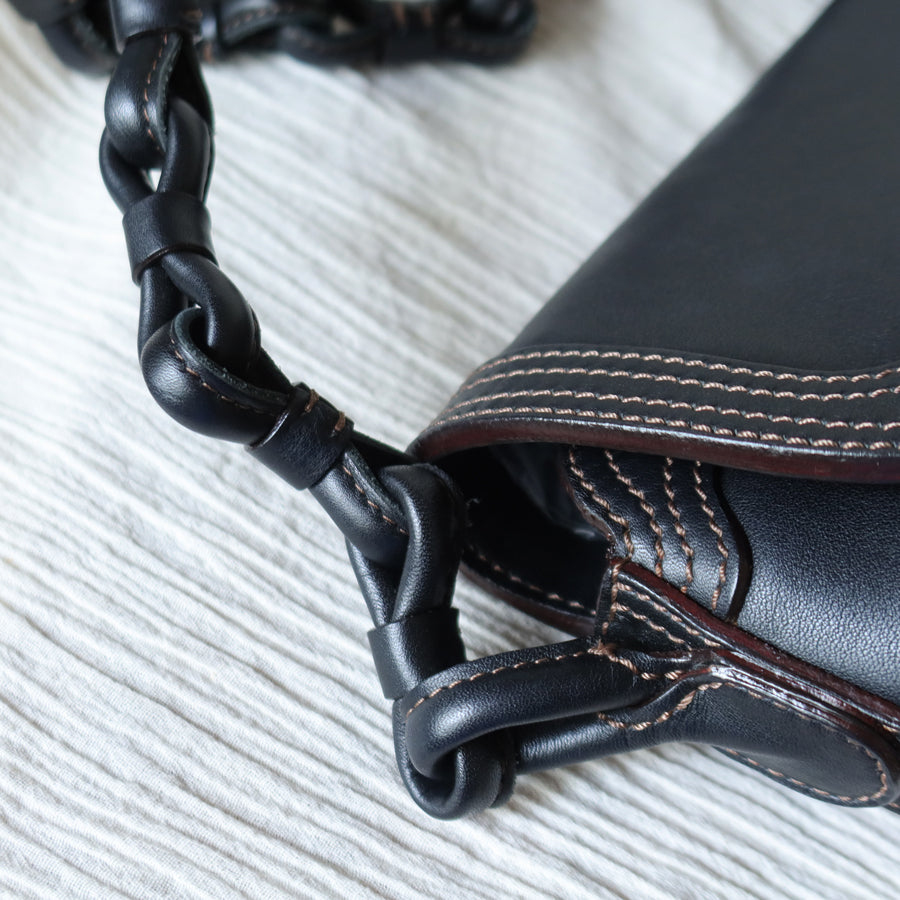 Loewe Vintage Black Leather Knot Link Strap Anagram Shoulder Flap Bag