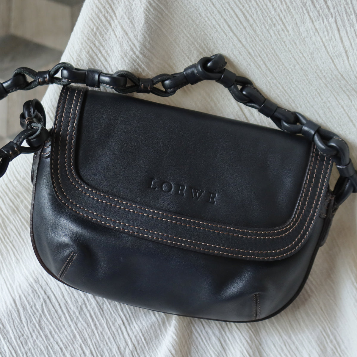 Loewe Vintage Black Leather Knot Link Strap Anagram Shoulder Flap Bag