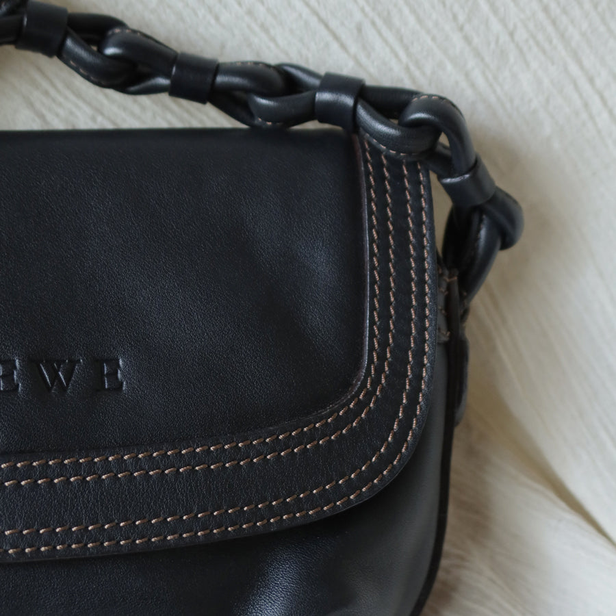Loewe Vintage Black Leather Knot Link Strap Anagram Shoulder Flap Bag