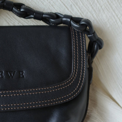 Loewe Vintage Black Leather Knot Link Strap Anagram Shoulder Flap Bag
