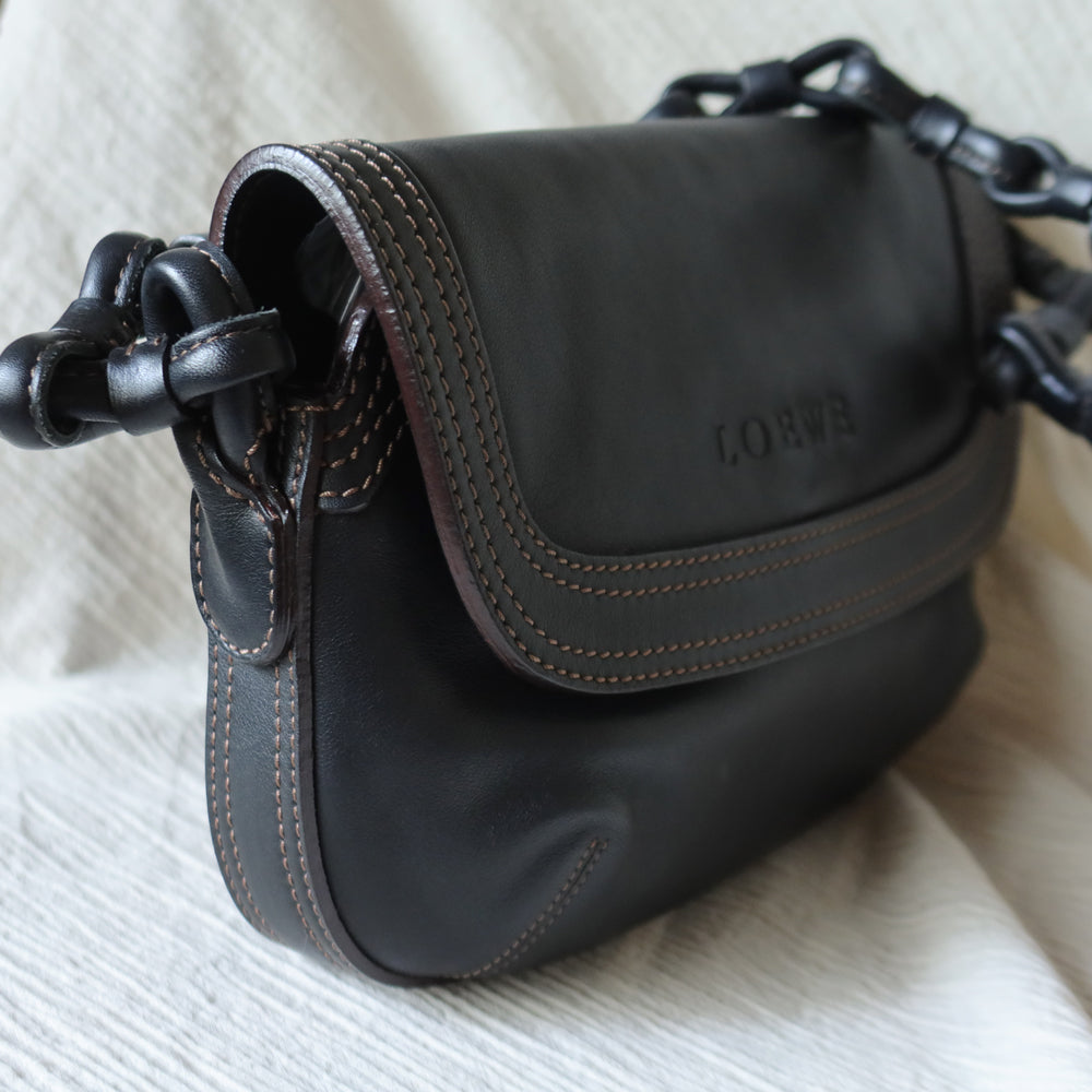 Loewe Vintage Black Leather Knot Link Strap Anagram Shoulder Flap Bag