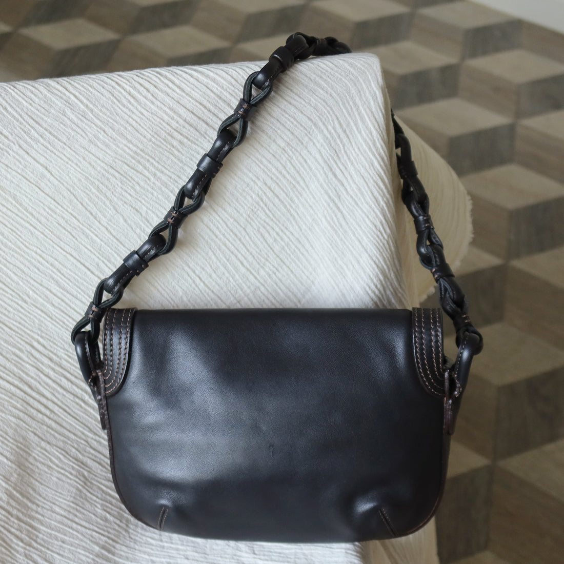Loewe Vintage Black Leather Knot Link Strap Anagram Shoulder Flap Bag