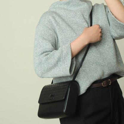 Bottega Veneta Vintage Black Intrecciato Weave Leather Rounded Crossbody Shoulder Bag