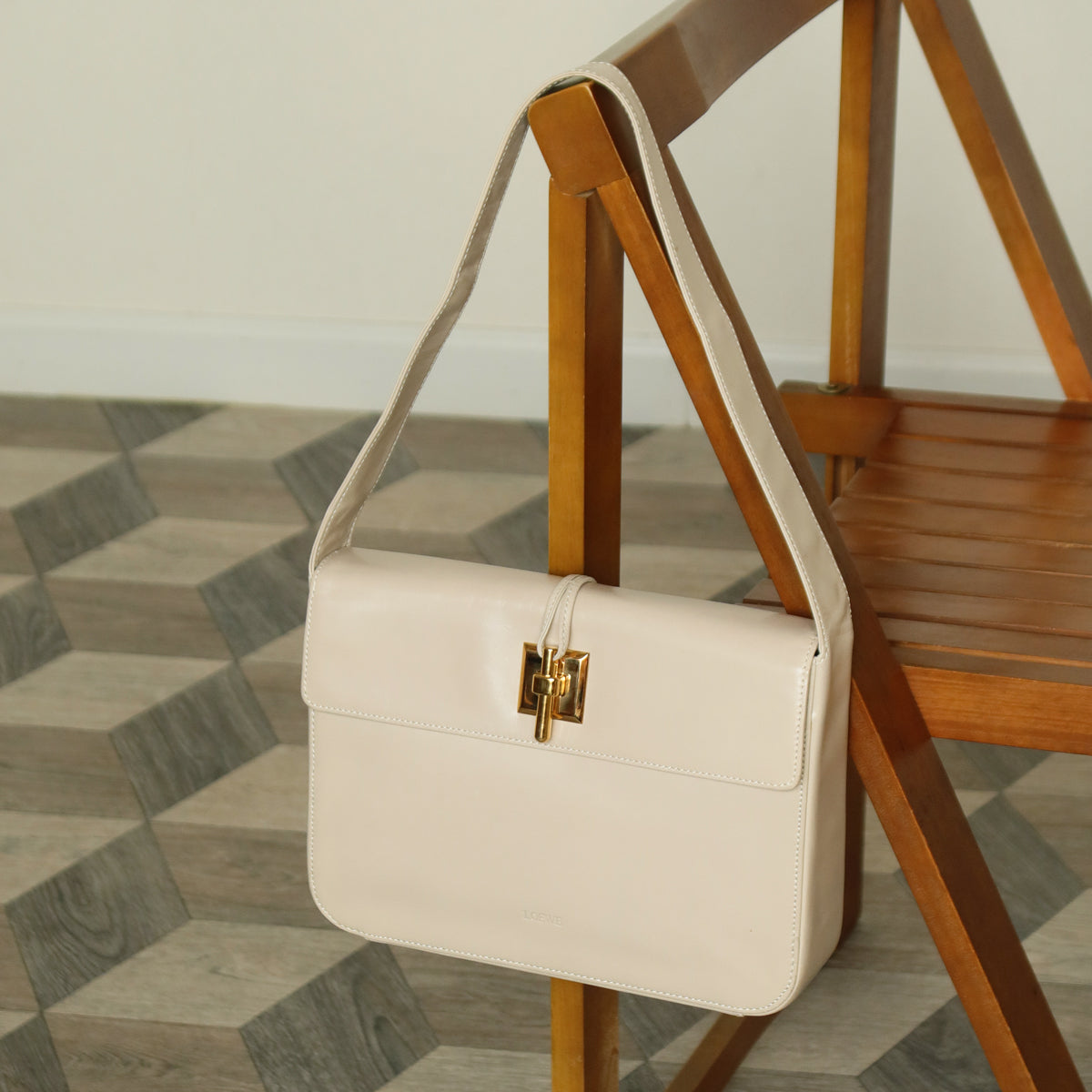 Loewe Vintage Ivory White Smooth Leather Boxy Gold hardware Shoulder Bag