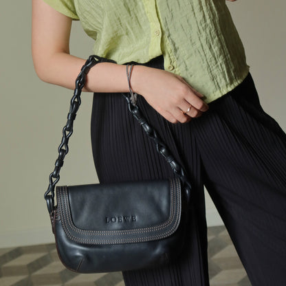 Loewe Vintage Black Leather Knot Link Strap Anagram Shoulder Flap Bag