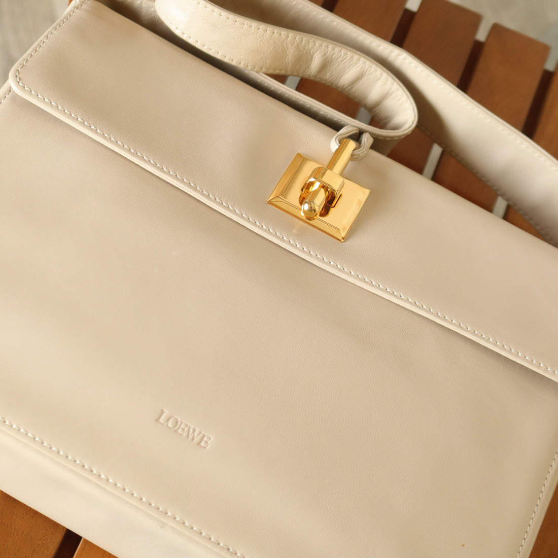 Loewe Vintage Ivory White Smooth Leather Boxy Gold hardware Shoulder Bag