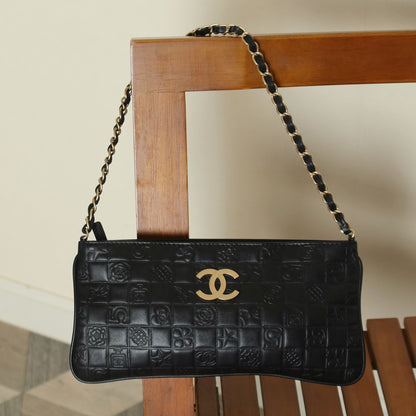 Chanel Vintage Black Lambskin Iconic Symbols Chocolate Bar CC mark Pochette Bag