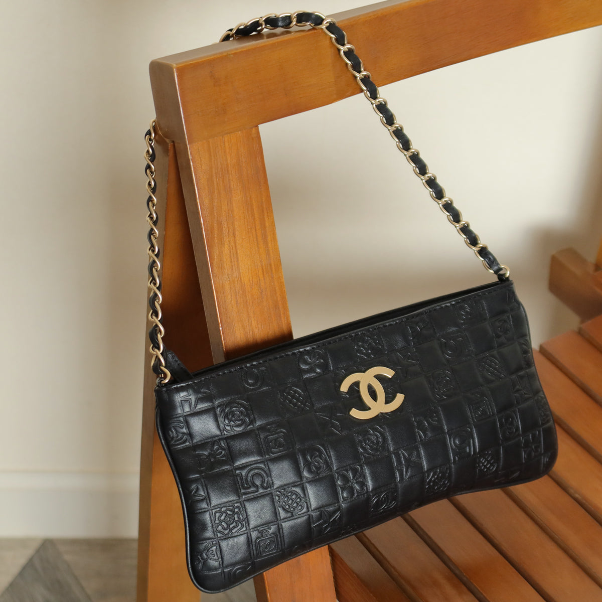 Chanel Vintage Black Lambskin Iconic Symbols Chocolate Bar CC mark Pochette Bag