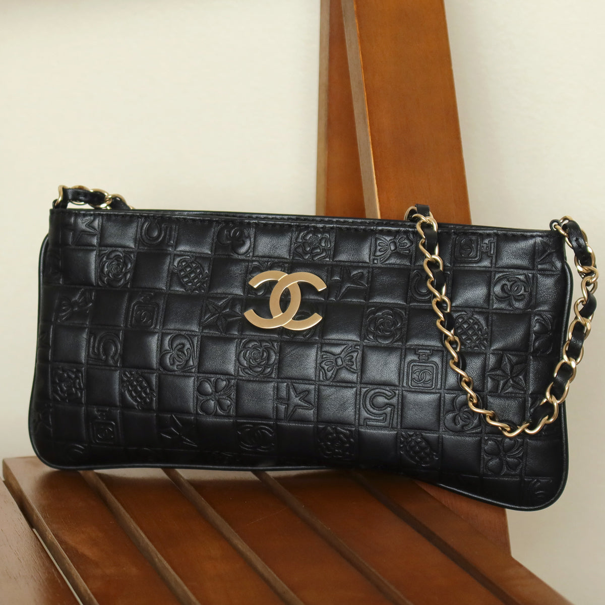 Chanel Vintage Black Lambskin Iconic Symbols Chocolate Bar CC mark Pochette Bag