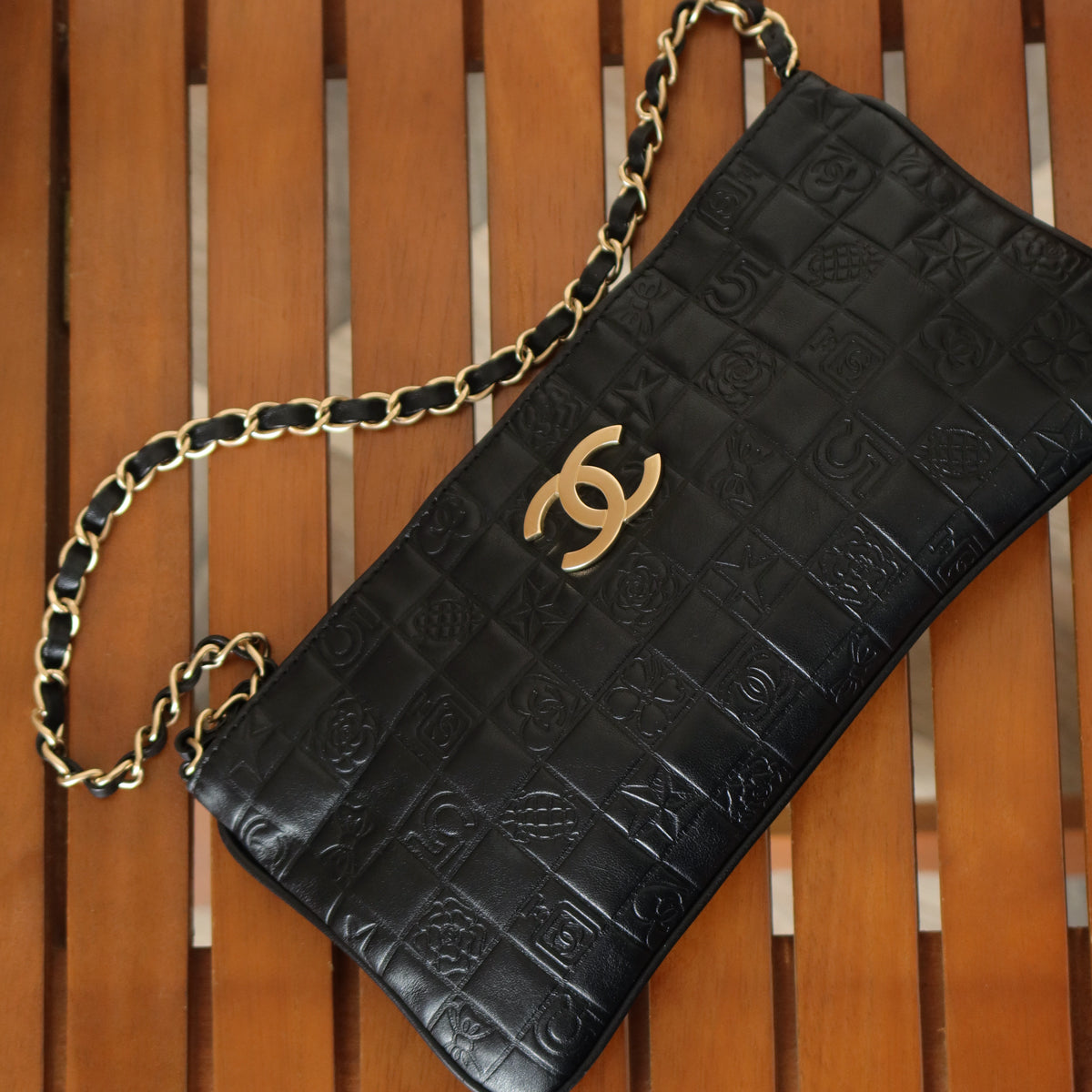Chanel Vintage Black Lambskin Iconic Symbols Chocolate Bar CC mark Pochette Bag