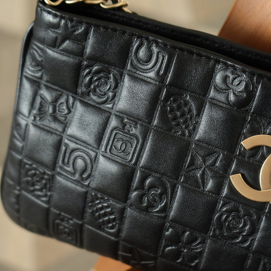 Chanel Vintage Black Lambskin Iconic Symbols Chocolate Bar CC mark Pochette Bag