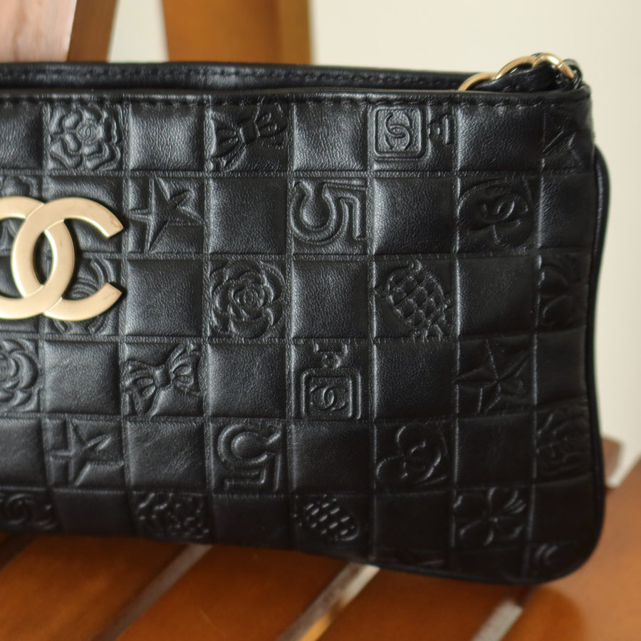 Chanel Vintage Black Lambskin Iconic Symbols Chocolate Bar CC mark Pochette Bag