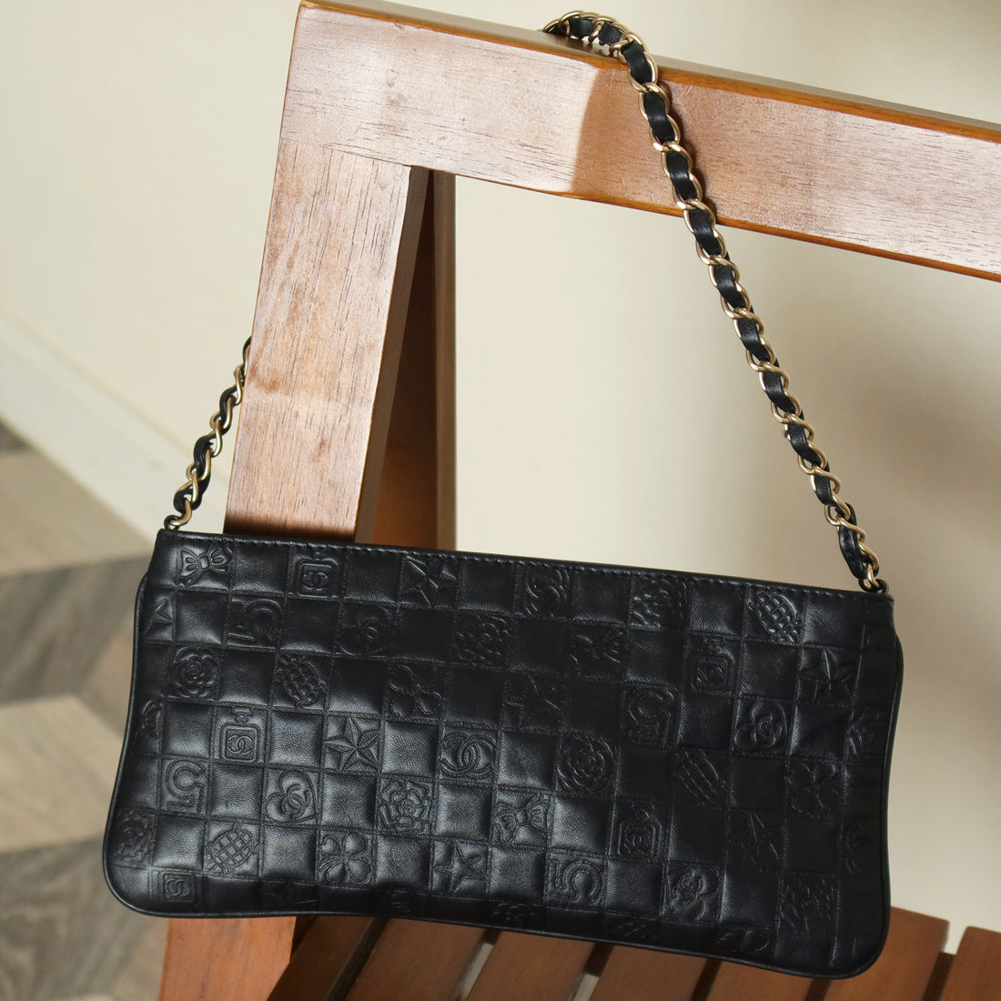 Chanel Vintage Black Lambskin Iconic Symbols Chocolate Bar CC mark Pochette Bag