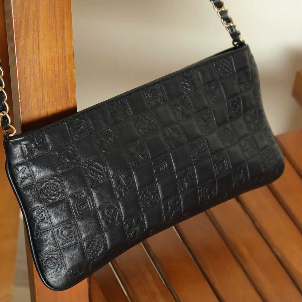 Chanel Vintage Black Lambskin Iconic Symbols Chocolate Bar CC mark Pochette Bag