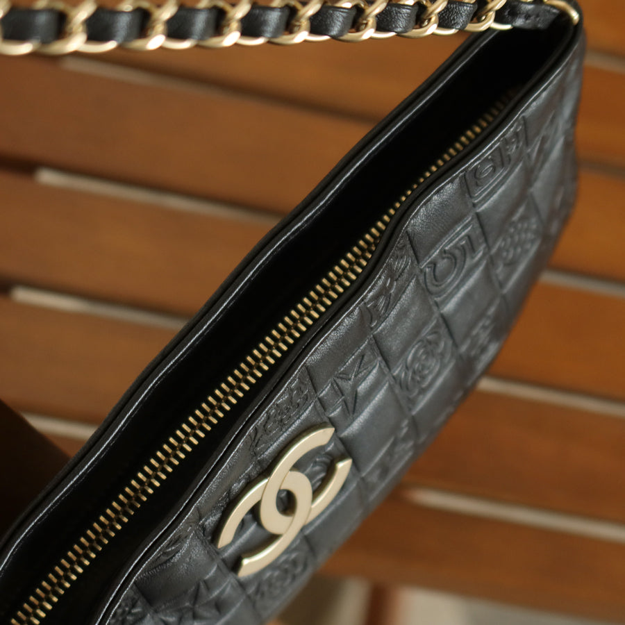 Chanel Vintage Black Lambskin Iconic Symbols Chocolate Bar CC mark Pochette Bag