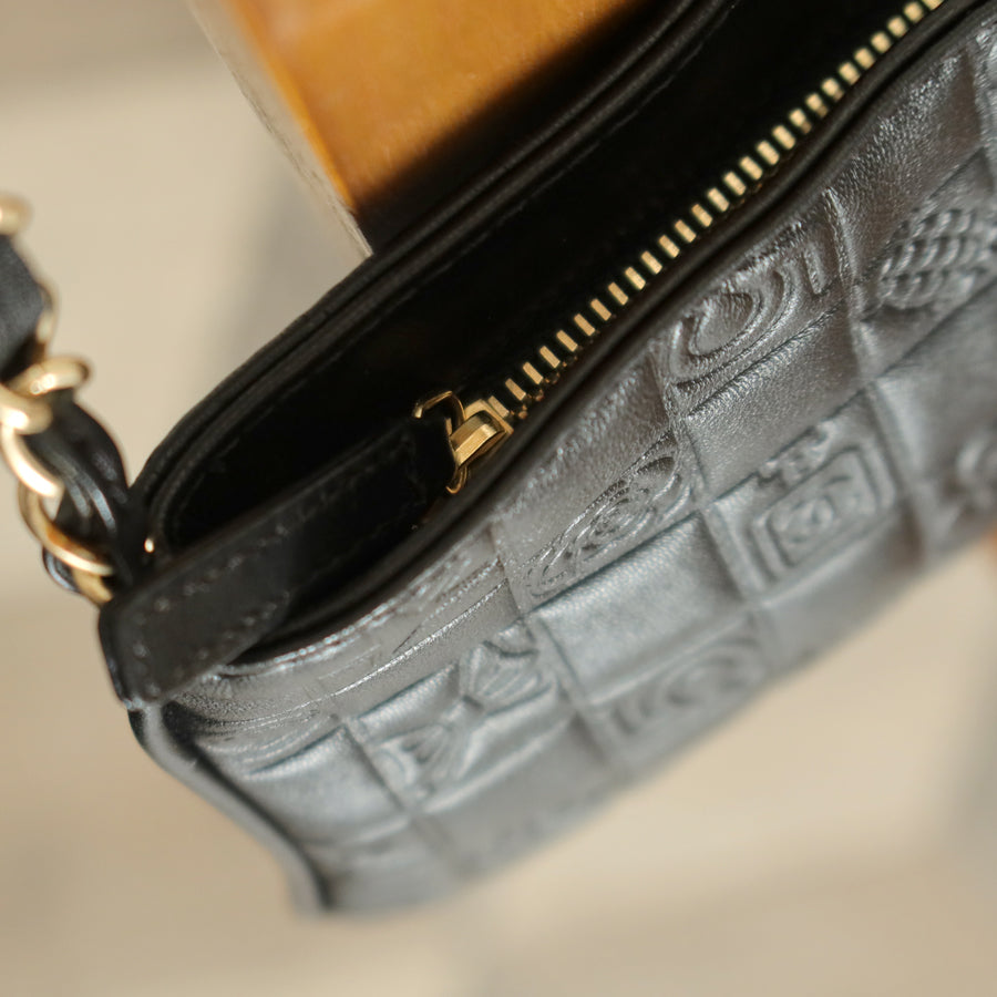 Chanel Vintage Black Lambskin Iconic Symbols Chocolate Bar CC mark Pochette Bag