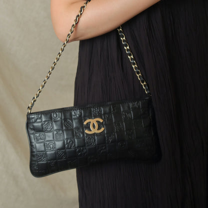 Chanel Vintage Black Lambskin Iconic Symbols Chocolate Bar CC mark Pochette Bag