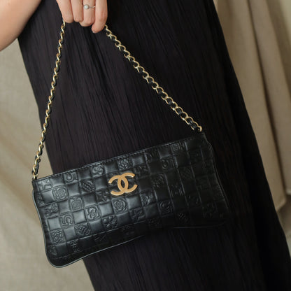 Chanel Vintage Black Lambskin Iconic Symbols Chocolate Bar CC mark Pochette Bag