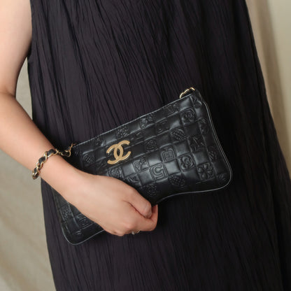 Chanel Vintage Black Lambskin Iconic Symbols Chocolate Bar CC mark Pochette Bag
