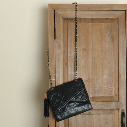 Chanel Vintage Black Lambskin Gold Tassel Asymmetrical Double Flap Bag