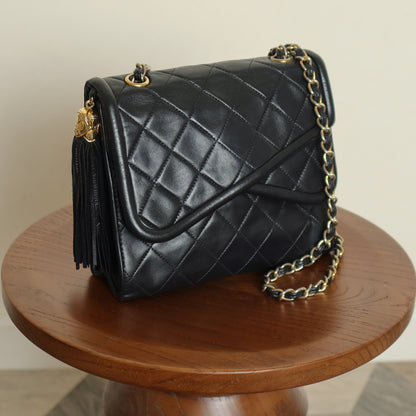Chanel Vintage Black Lambskin Gold Tassel Asymmetrical Double Flap Bag