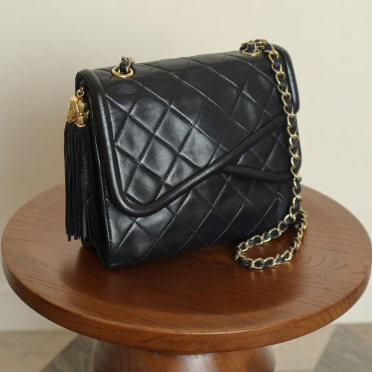 Chanel Vintage Black Lambskin Gold Tassel Asymmetrical Double Flap Bag