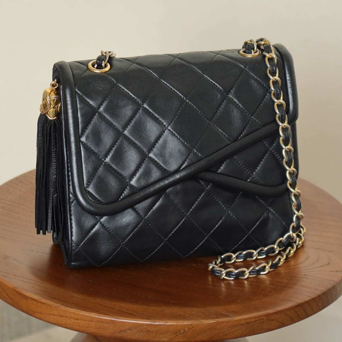 Chanel Vintage Black Lambskin Gold Tassel Asymmetrical Double Flap Bag